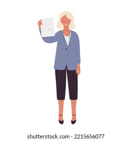 Teacher holds test result. Woman professor with exam report vector illustration