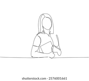 teacher holds textbook, explains material one line art. Continuous line drawing of online knowledge, learning, education, teaching, solving problems, student life