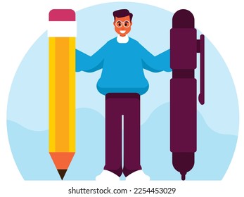 Teacher with huge pencil and pen in hands. Vector graphics