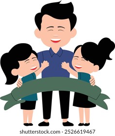 Teacher hugging two children with a Happy Teachers Day banner