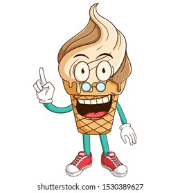 teacher of ice cream waffle cone cartoon character with funny smile face