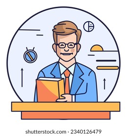 Teacher icon avatar sitting next to the table. Education.