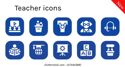 Lehrer-Icon-Set. 10 gefüllte Lehrersymbole. Einschließlich Lernen, Präsentation, Demonstration, Mad-Wissenschaftler, Lektion, Lesen, Abc-Symbole