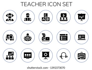 teacher icon set. 15 filled teacher icons.  Collection Of - Mad scientist, Presentation, Reading, Read, Abc, Student, Learning, Blackboard, Training, Lesson