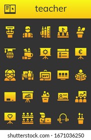 teacher icon set. 26 filled teacher icons. Included Presentation, Learning, Reading, School material, Pencil case, Professor, Blackboard, Read, Training, Classroom, Student icons