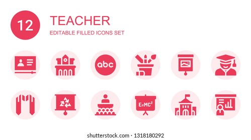 teacher icon set. Collection of 12 filled teacher icons included Tutorial, University, Abc, Pencil case, Presentation, Sash, Conference, Blackboard, Student