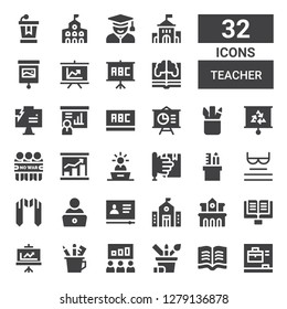 teacher icon set. Collection of 32 filled teacher icons included Blackboard, Read, Pencil case, Presentation, Lectern, University, Tutorial, Sash, Learning, Demonstration, Student