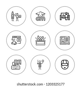 Teacher icon set. collection of 9 outline teacher icons with classmates, coach, conference, homework, online learning, presentation, read icons. editable icons.