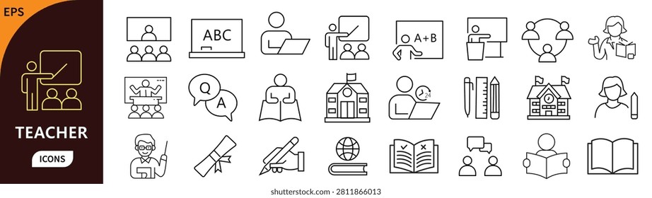 Teacher icon set. Containing teacher, education, school, teach, learning, class, and instructor. Editable stroke. Vector illustration