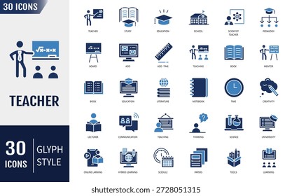 Lehrer-Symbolsatz. Enthält Unterricht, Klasse, Schule, Lehre, Mentor, Professor, Bildung, Bücher, Unterricht, Wissen und Pädagogik. Vektorgrafik