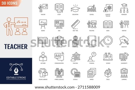 Teacher icon set. Containing lesson, class, school, teaching, mentor, professor, education, books, instruct, knowledge and pedagogy. Vector illustration