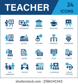 Teacher Icon Set – A Diverse Collection of Lesson, Class, School, Teaching, Mentor, Professor, Education, Books, Instruction, Knowledge, and Pedagogy Symbols in Solid Vector Style.