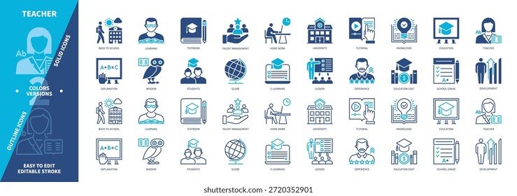Teacher icon set. Education, Learning, Development, University, Lesson, Talent Management, Experience, Students. Duotone color solid and editable outline icons