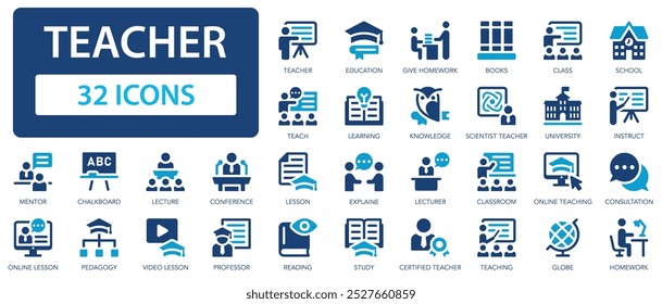 Teacher icon set. Education, teach, learning, lesson, knowledge, books, instruct, class, video lesson.