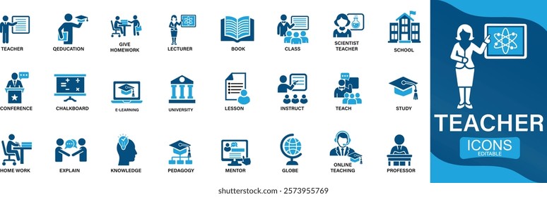 Teacher icon set lesson, class, school, teaching, mentor, professor, education, books, instruct, You can easily change the color