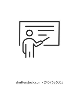 Teacher icon. Simple representation of a figure pointing to a board, indicative of education, classroom instruction, and teaching. Suitable for use in educational platforms, apps. Vector illustration