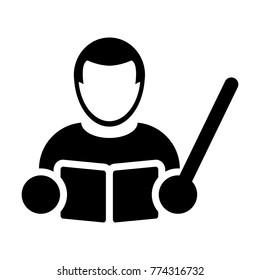 Teacher icon vector male teacher person profile avatar with book symbol for school, college and university education in flat color glyph pictogram illustration