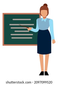 Teacher icon. Woman standing beside blackboard with stick