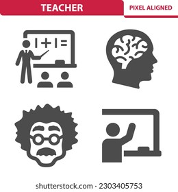 Iconos del profesor. Aula, Profesor, Conocimiento, Enseñanza. Conjunto de iconos de vector profesional y perfecto para píxeles.