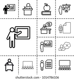 Teacher icons. set of 13 editable outline teacher icons such as teacher, apple on book, man and document