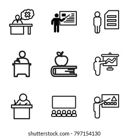 Teacher icons. set of 9 editable outline teacher icons such as teacher, man and document, classroom