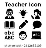 Teacher icons set of black teacher vector icons featuring teacher, student, lightbulb, book, pencil, chalkboard, alphabet letters, and speech bubble for educational and academic design