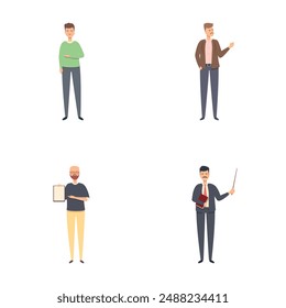 Teacher icons set cartoon vector. Male teacher conducting lesson. Education, training