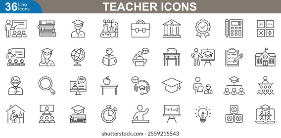 Teacher icons set. Classroom, lesson planning, desk, student, assessment, educational technology and more. Thin line icon set vector illustration.