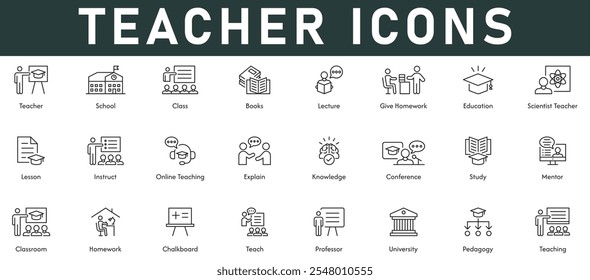 Teacher Icons vector illustration with thin line editable stroke contain school class books lecture education lesson online teacher knowledge study mentor teaching teach home work explain