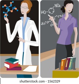 Teacher illustrations series.  1) Chemistry teacher teaching a class. 2) Chemistry teacher teaching a class and writing a chemical formula on a blackboard.