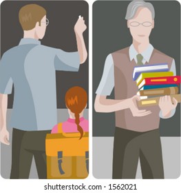 Teacher illustrations series.  1) An elementary school teacher writing on a blackboard in a classroom. 2) General classes school teacher in a classroom.