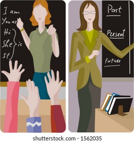 Teacher illustrations series.  1) Elementary class teacher examining a students. 2) English teacher teaching a grammar in a classroom.