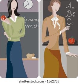 Teacher illustrations series.  1) Elementary teacher teaching english in a classroom. 2) English teacher teaching the alphabet in a classroom.