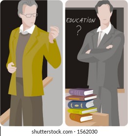 Teacher illustrations series.  1) General classes teacher teaching a class in a classroom. 2) General classes teacher teaching a class in a classroom.