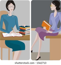 Illustrationen von Lehrern 1) Lehrer des allgemeinen Unterrichts, der die Schülertests in einem Klassenzimmer unterzieht. 2) Lehrer des allgemeinen Unterrichts auf einem Schreibtisch in einem Klassenzimmer.