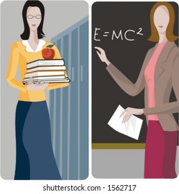 Teacher illustrations series. 1) General classes teacher. 2) Math teacher teaching a mathematical formula in a classroom.