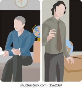 Teacher illustrations series.  1) Geography teacher teaching a class in a classroom. 2) Geography teacher teaching a class in a classroom.