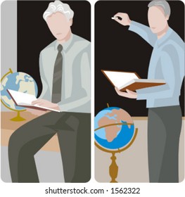 Teacher illustrations series.  1) Geography teacher teaching a class in a class room. 2) Geography teacher teaching a class and writing on a blackboard in a classroom.