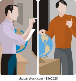 Teacher illustrations series.  1) Geography teacher teaching a class and writing on a blackboard in a classroom. 2) Geography teacher teaching a class in a class room.