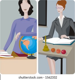Teacher illustrations series.  1) Geography teacher teaching a class. 2) General classes teacher teaching a class in a classroom.