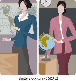 Teacher illustrations series. 1) Geography teacher teaching a class in a classroom. 2) Geography teacher teaching a class in a classroom.