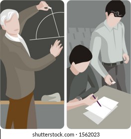 Teacher illustrations series.  1) Math teacher writing on a blackboard in a classroom. 2) General classes school teacher looking at student work in a classroom.