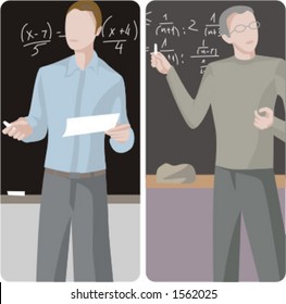 Teacher illustrations series.  1) Math teacher teaching a class in a class room. 2) Math teacher teaching a class in a class room.