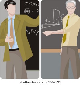 Teacher illustrations series.  1) Math teacher solving a mathematical problem. 2) Math teacher teaching a class in a classroom.