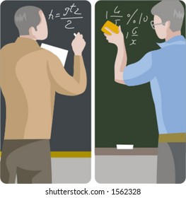 Teacher illustrations series.  1) Math teacher solving a mathematical problem on a blackboard. 2) Math teacher erasing blackboard.