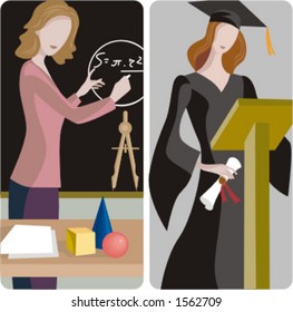 Illustrationen von Lehrern 1) Mathematiklehrer löst ein mathematisches Problem an einer Tafel in einem Klassenzimmer. 2) Studierender mit einem Diplom.