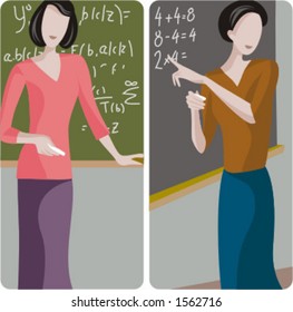 Teacher illustrations series. 1) Math teacher solving a mathematical problem on a blackboard. 2) Elementary teacher teaching math in a classroom.