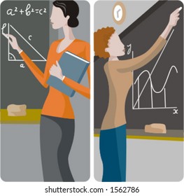 Teacher illustrations series.  1) Math teacher solving a mathematical problem on a blackboard. 2) Math teacher writing on a blackboard.