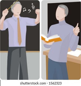 Teacher illustrations series.  1) Music teacher teaching a class. 2) A general classes teacher teaching a class in a classroom.