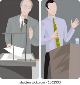 Teacher illustrations series.  1) Professor teaching a class. 2) Professor teaching a class.